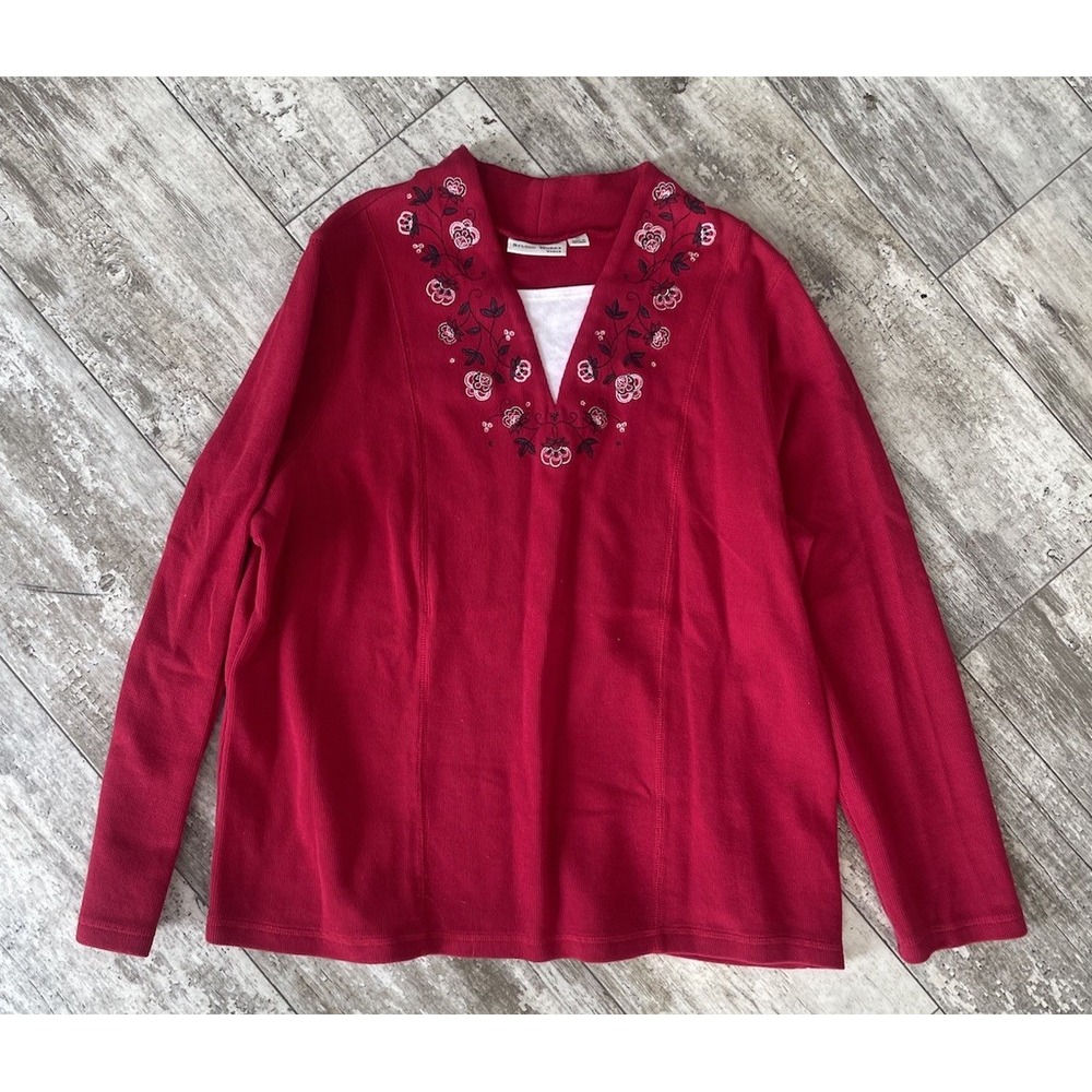Studio Works Woman Red‎ Boho Floral Embroidered V-Neck Long Sleeve Knit Top 1X